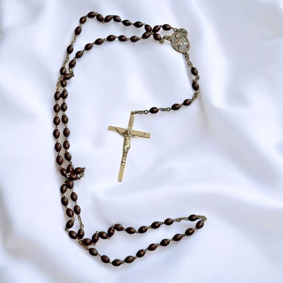 Vintage Catholic Rosary – Dark Beads with Silvertone Crucifix - Picture 1 of 9